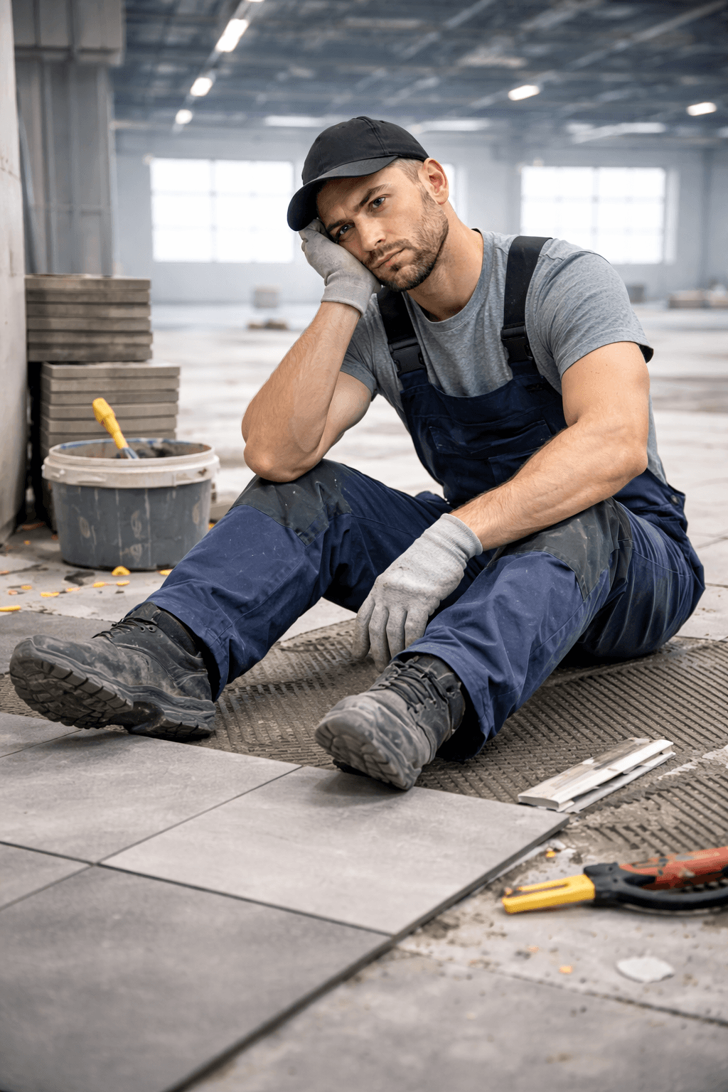 Exhausted tile setter on commercial job site - representing the labor shortage crisis that Human Friendly Robotics solves with autonomous tiling robots