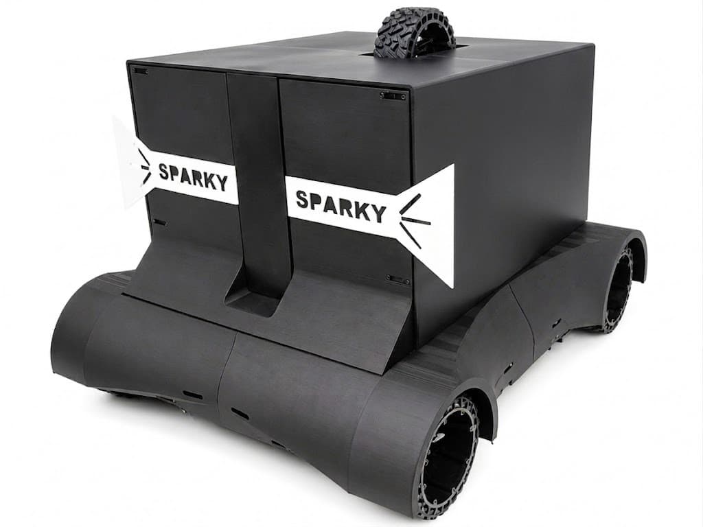 Sparky — HFR-02 design render, 3/4 · dark